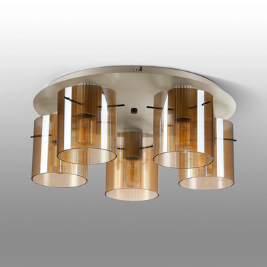 Madison 5 Light Flush, Beige Stone with Narrow Ribbed Amber Glass