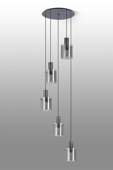 Madison 5 Light Pendant, Dark Grey with Narrow Ribbed Smoked Glass