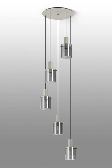 Madison 5 Light Pendant, Beige Stone with Wide Ribbed Smoked Glass