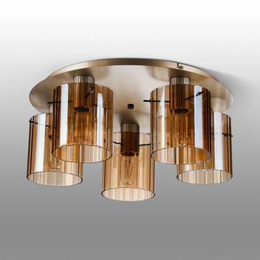 Madison 5 Light Flush, Light Gold with Wide Ribbed Amber Glass