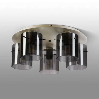 Madison 5 Light Flush, Beige Stone with Narrow Ribbed Smoked Glass