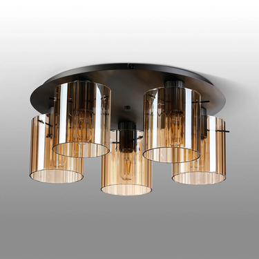 Madison 5 Light Flush, Dark Grey with Wide Ribbed Amber Glass