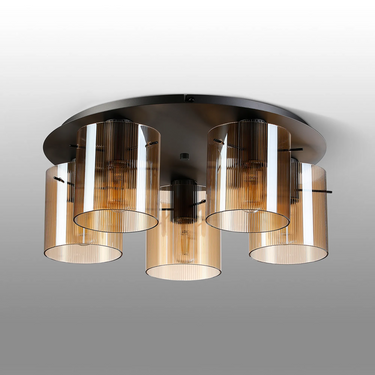 Madison 5 Light Flush, Dark Grey with Narrow Ribbed Amber Glass