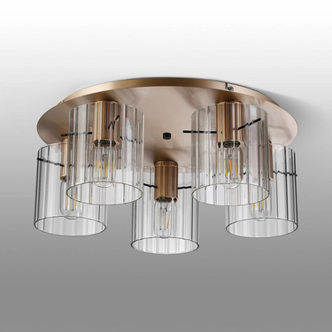 Madison 5 Light Flush, Light Gold with Wide Ribbed Clear Glass