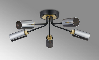 Mason 5 Light Flush, Satin Black/Gold & Smoked Glass