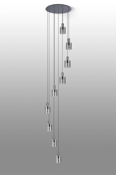 Madison 9 Light Pendant, Dark Grey with Narrow Ribbed Smoked Glass