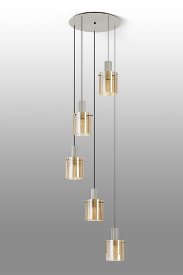 Madison 5 Light Pendant, Beige Stone with Wide Ribbed Amber Glass