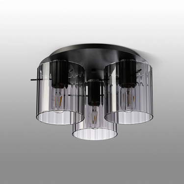 Madison 3 Light Flush, Dark Grey with Wide Ribbed Smoked Glass