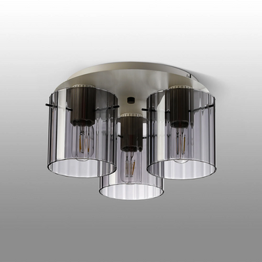 Madison 3 Light Flush, Beige Stone with Wide Ribbed Smoked Glass
