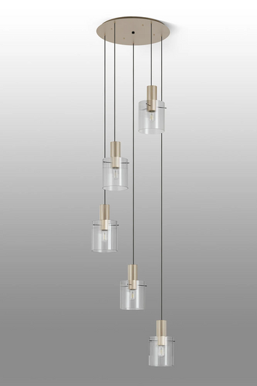 Madison 5 Light Pendant, Light Gold with Narrow Ribbed Clear Glass