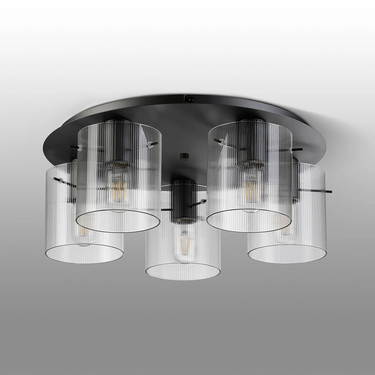 Madison 5 Light Flush, Dark Grey with Narrow Ribbed Clear Glass
