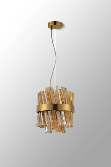 Exolon 6 Light 25cm Pendant, Brass Finish with Amber Sculpted Glass