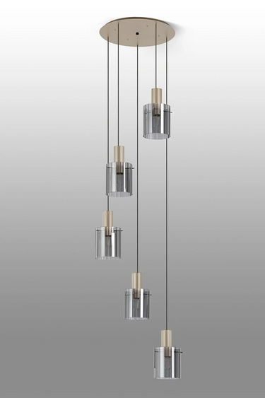 Madison 5 Light Pendant, Light Gold with Wide Ribbed Smoked Glass