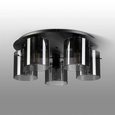 Madison 5 Light Flush, Dark Grey with Narrow Ribbed Smoked Glass