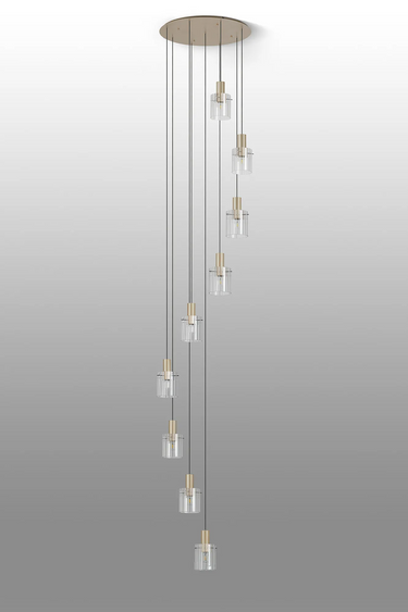 Madison 9 Light Pendant, Light Gold with Wide Ribbed Clear Glass