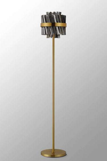 Exolon 8 Light Floor Lamp, Brass Finish with Smoked Sculpted Glass