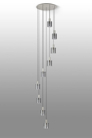 Madison 9 Light Pendant, Beige Stone with Wide Ribbed Smoked Glass