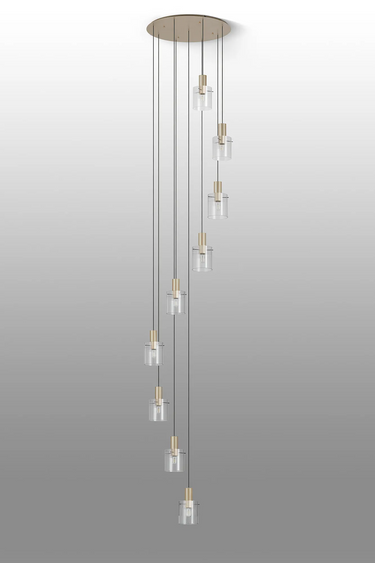 Madison 9 Light Pendant, Light Gold with Narrow Ribbed Clear Glass