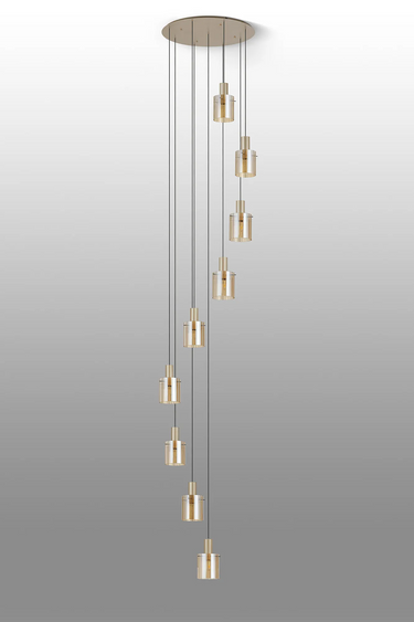 Madison 9 Light Pendant, Light Gold with Wide Ribbed Amber Glass