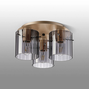 Madison 3 Light Flush, Light Gold with Wide Ribbed Smoked Glass