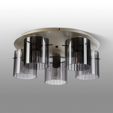 Madison 5 Light Flush, Beige Stone with Wide Ribbed Smoked Glass