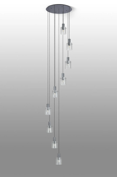 Madison 9 Light Pendant, Dark Grey with Wide Ribbed Clear Glass