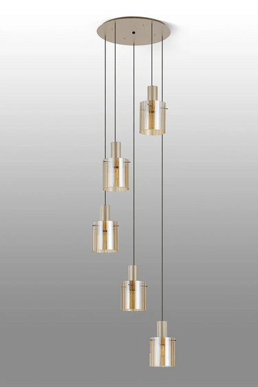 Madison 5 Light Pendant, Light Gold with Wide Ribbed Amber Glass