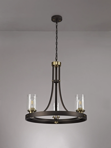 Highcliffe 3 Light 62.5cm Pendant, Brown Oxide/Brass Finish with Clear Glass