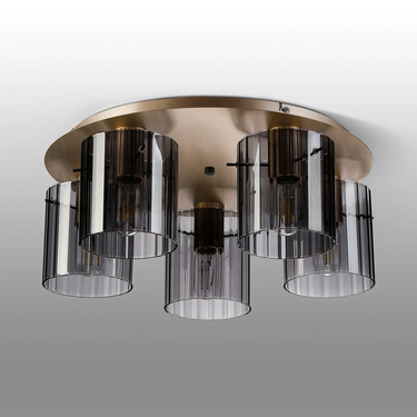 Madison 5 Light Flush, Light Gold with Wide Ribbed Smoked Glass