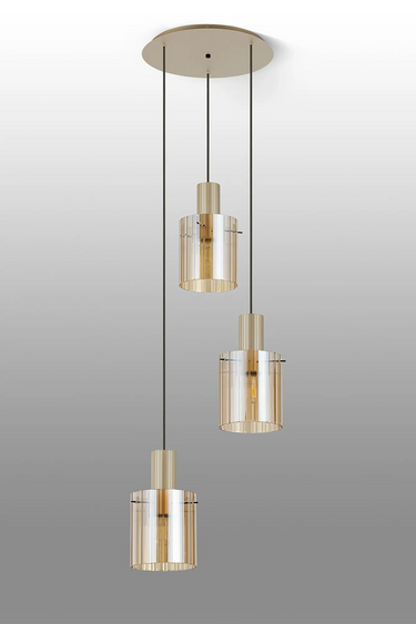 Madison Spiral 3 Light, Light Gold with Wide Ribbed Amber Glass