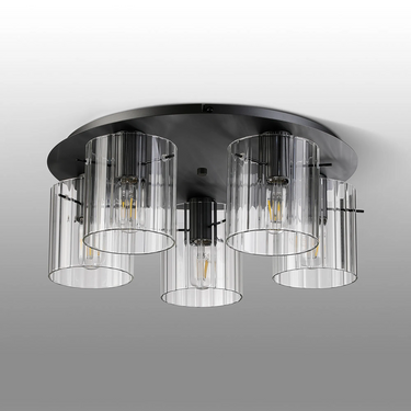 Madison 5 Light Flush, Dark Grey with Wide Ribbed Clear Glass