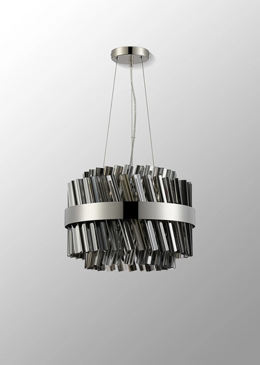 Exolon 10 Light 40cm Pendant, Polished Nickel Finish with Smoked Sculpted Glass