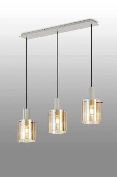 Madison Linear 3 Light, Beige Stone with Wide Ribbed Amber Glass