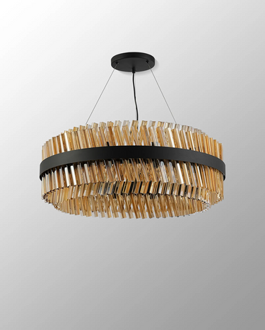 Exolon 24 Light 80cm Pendant, Satin Black Finish with Amber Sculpted Glass