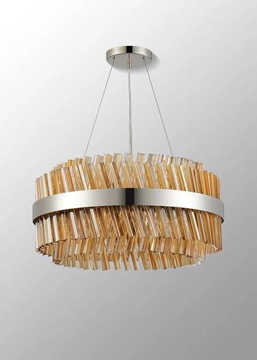 Exolon 18 Light 60cm Pendant, Polished Nickel Finish with Amber Sculpted Glass