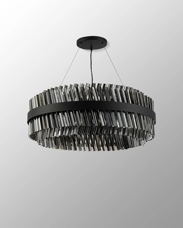 Exolon 24 Light 80cm Pendant, Satin Black Finish with Smoked Sculpted Glass