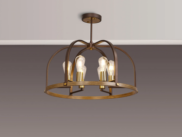 Quincy 6 Light Pendant/Semi Flush, Brown Oxide, Antique Brass and Wood Effect