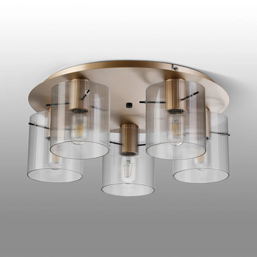 Madison 5 Light Flush, Light Gold with Narrow Ribbed Clear Glass
