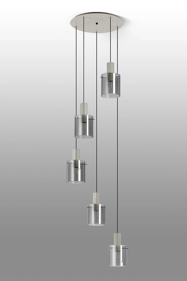 Madison 5 Light Pendant, Beige Stone with Narrow Ribbed Smoked Glass