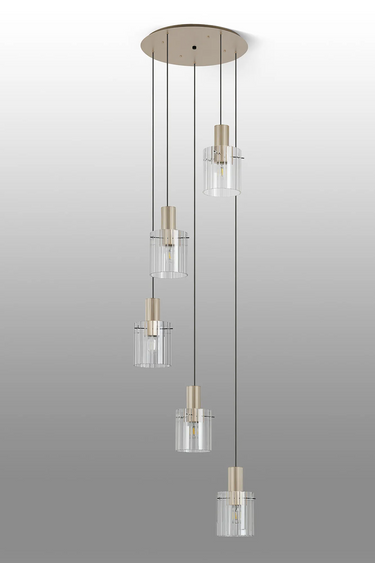 Madison 5 Light Pendant, Light Gold with Wide Ribbed Clear Glass