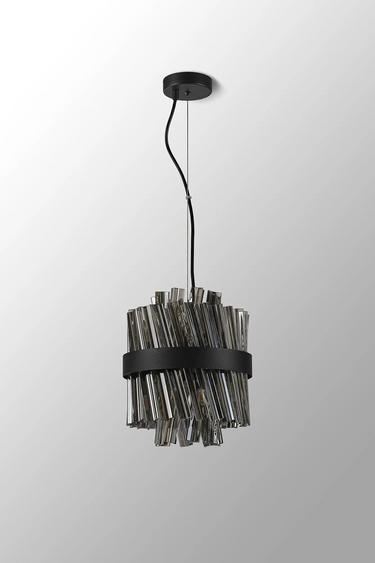 Exolon 6 Light 25cm Pendant, Satin Black Finish with Smoked Sculpted Glass