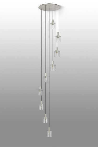 Madison 9 Light Pendant, Beige Stone with Wide Ribbed Clear Glass