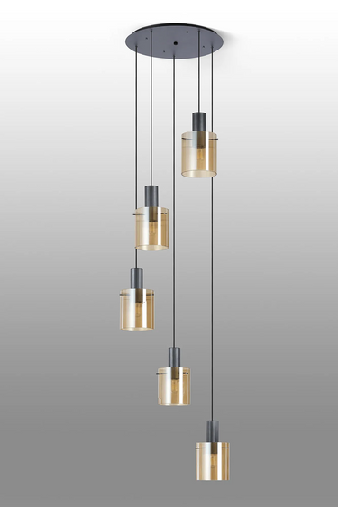 Madison 5 Light Pendant, Dark Grey with Narrow Ribbed Amber Glass