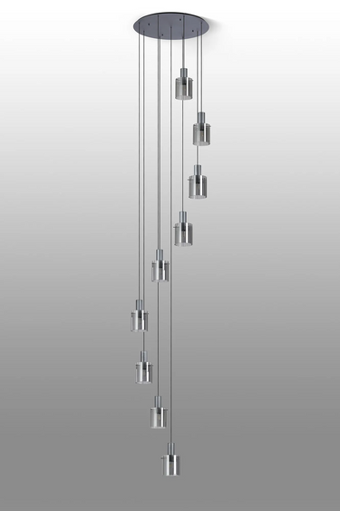 Madison 9 Light Pendant, Dark Grey with Wide Ribbed Smoked Glass