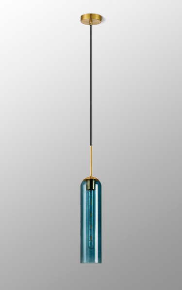 Callow Single Pendant Brass Gold with Blue Glass