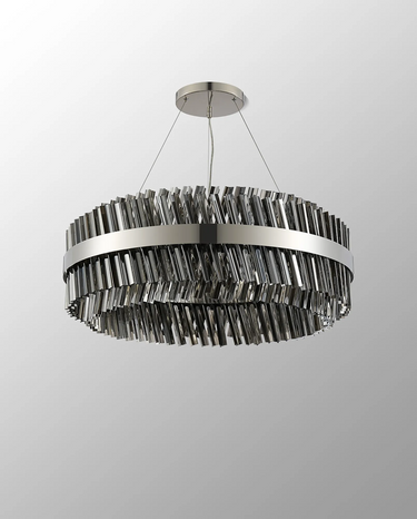 Exolon 24 Light 80cm Pendant, Polished Nickel Finish with Smoked Sculpted Glass