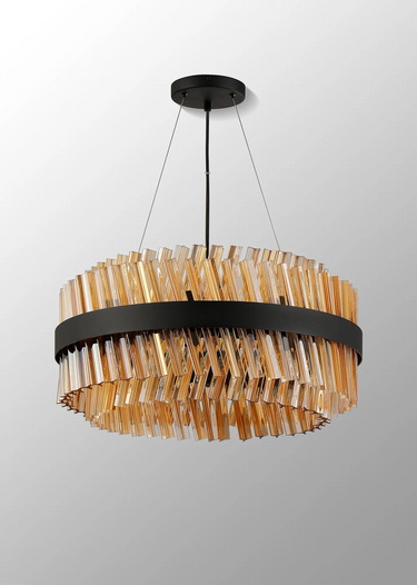 Exolon 18 Light 60cm Pendant, Satin Black Finish with Amber Sculpted Glass