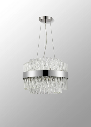 Exolon 10 Light 40cm Pendant, Polished Nickel Finish with Clear Sculpted Glass