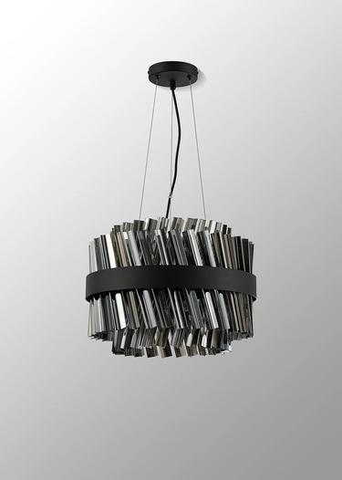 Exolon 10 Light 40cm Pendant, Satin Black Finish with Smoked Sculpted Glass