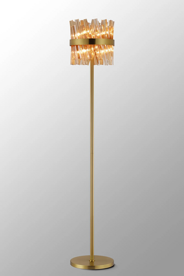 Exolon 8 Light Floor Lamp, Brass Finish with Amber Sculpted Glass